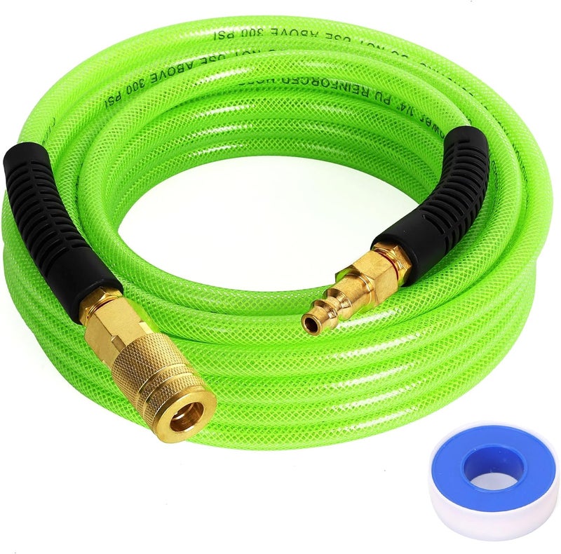 FYPower Air Compressor Hose 1/4 Inch x 25 Feet Reinforced Polyurethane (PU) Air Hose with Fittings, Bend Restrictors, 1/4" Industrial Quick Coupler and Plug Kit, Green - Image 1